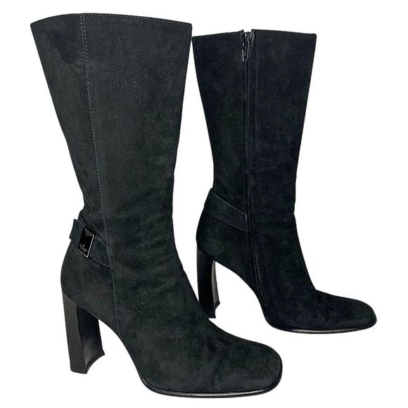 Gucci Black Suede Mid-Calf Boot Size 37.5 C US 7.5 C Block Heel Shoes Square Toe - Picture 1 of 10